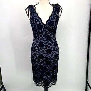 UEC Ruby Rox black lace cocktail dress with light blue lining size medium